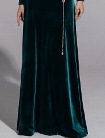 Vestido de mãe da noiva em corte A, para convidada de casamento, simples, elegante, com decote em joia, comprido, em veludo, manga comprida, sem faixa/fita, cor sólida