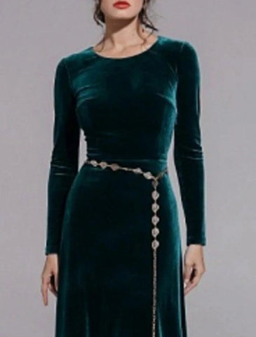 Vestido de mãe da noiva em corte A, para convidada de casamento, simples, elegante, com decote em joia, comprido, em veludo, manga comprida, sem faixa/fita, cor sólida