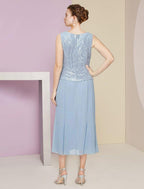 A-Line Mother of the Bride Dress Wedding Guest Sparkle & Shine Petite Scoop Neck Tea Length Chiffon Sequined 3/4 Length Sleeve with Pleats Sequin Solid Color