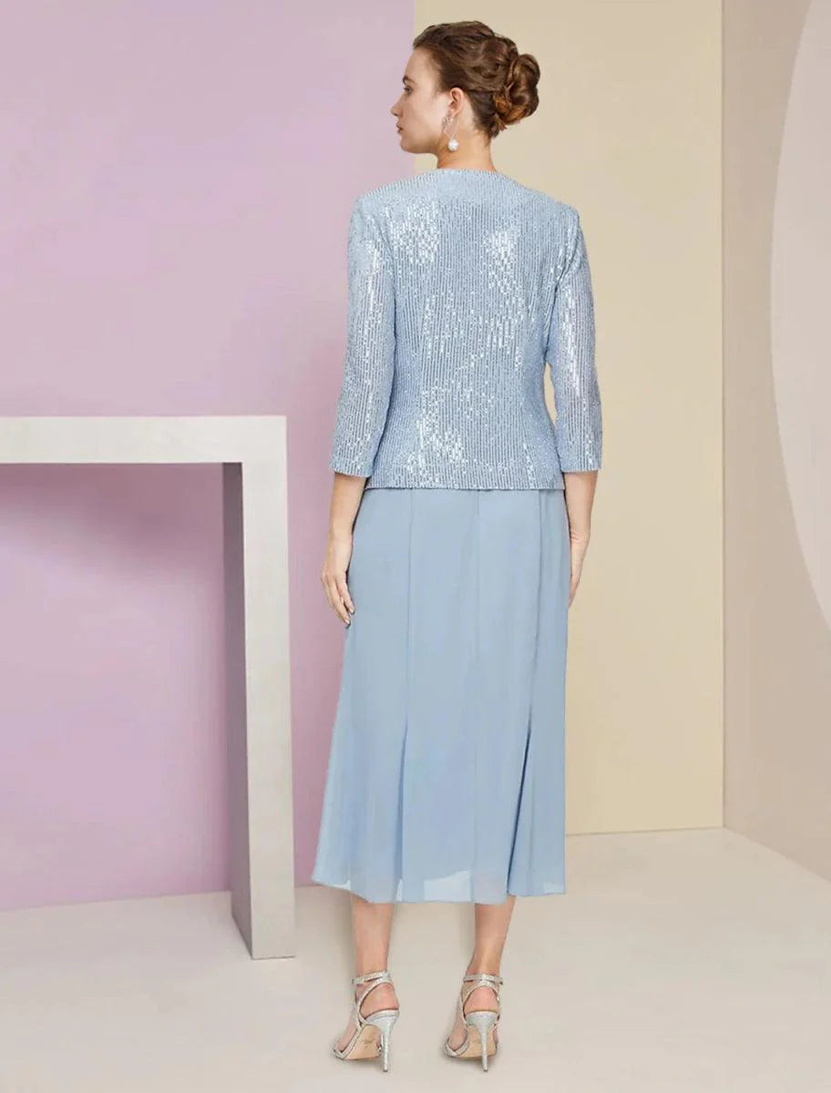 A-Line Mother of the Bride Dress Wedding Guest Sparkle & Shine Petite Scoop Neck Tea Length Chiffon Sequined 3/4 Length Sleeve with Pleats Sequin Solid Color