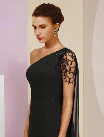 Vestido de mãe da noiva em corte A para convidada de casamento, vintage, elegante, um ombro só, comprimento até ao chão, chiffon, sem mangas, com faixa/fita, missangas