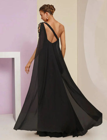 Vestido de mãe da noiva em corte A para convidada de casamento, vintage, elegante, um ombro só, comprimento até ao chão, chiffon, sem mangas, com faixa/fita, missangas