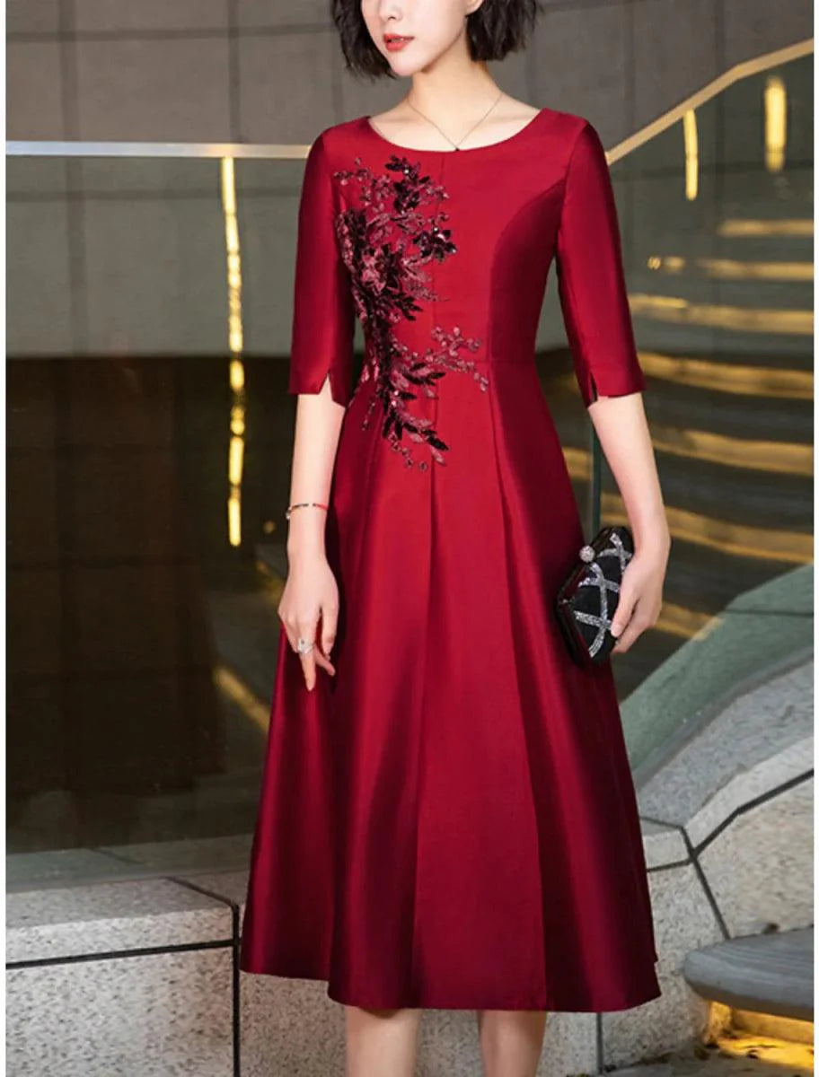 Vestido de mãe da noiva em corte A, para convidada de casamento, vintage, elegante, pequeno, decote redondo, comprimento chá, cetim, meia manga com cristais, bordado de lantejoulas