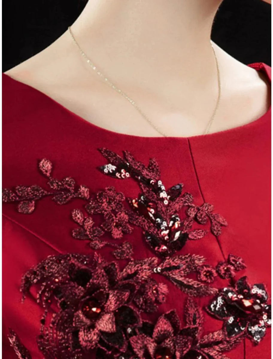 Vestido de mãe da noiva em corte A, para convidada de casamento, vintage, elegante, pequeno, decote redondo, comprimento chá, cetim, meia manga com cristais, bordado de lantejoulas