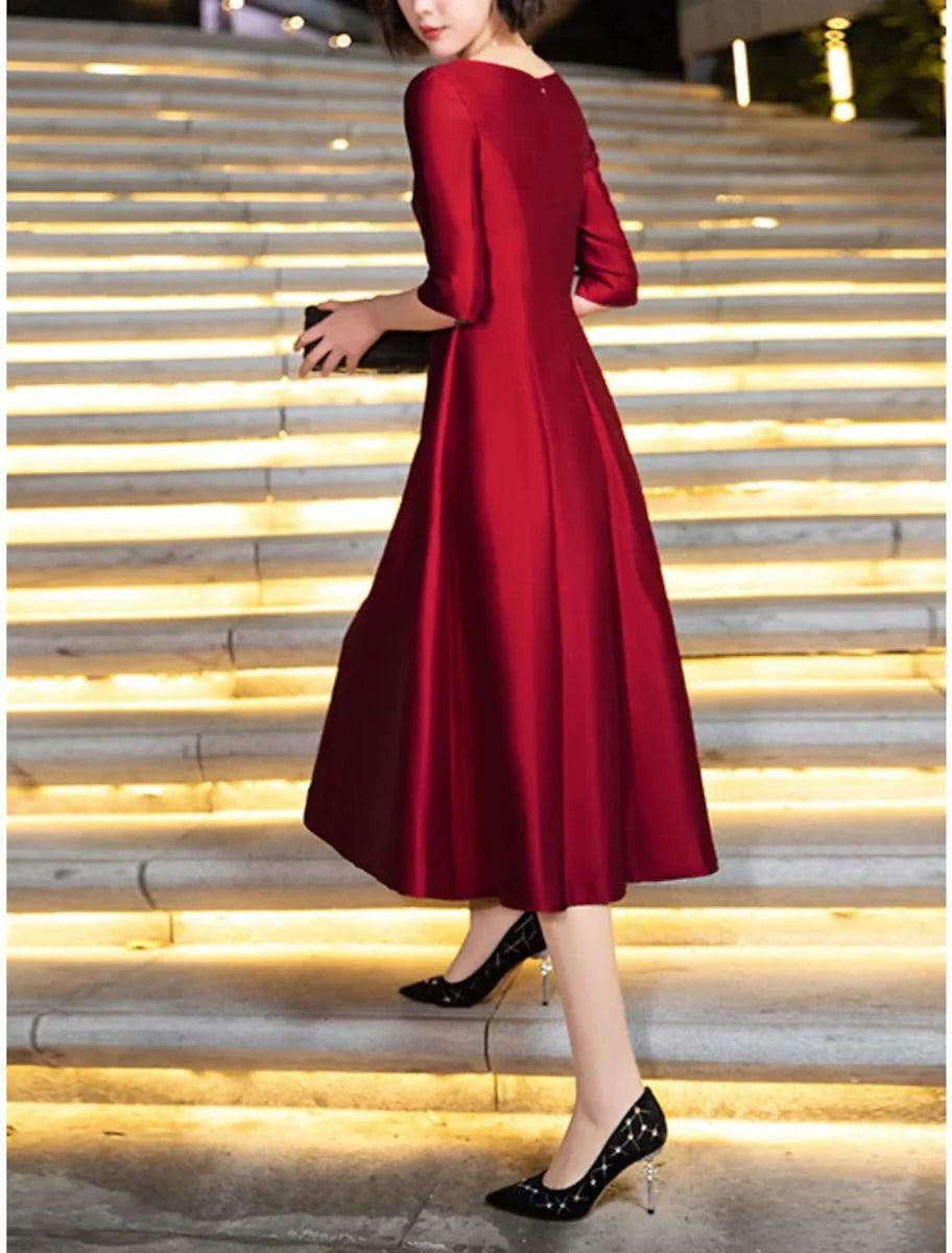 Vestido de mãe da noiva em corte A, para convidada de casamento, vintage, elegante, pequeno, decote redondo, comprimento chá, cetim, meia manga com cristais, bordado de lantejoulas