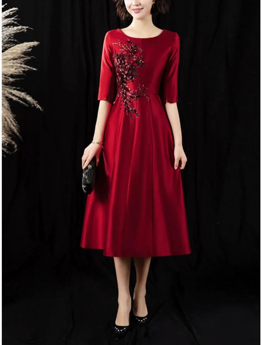 Vestido de mãe da noiva em corte A, para convidada de casamento, vintage, elegante, pequeno, decote redondo, comprimento chá, cetim, meia manga com cristais, bordado de lantejoulas