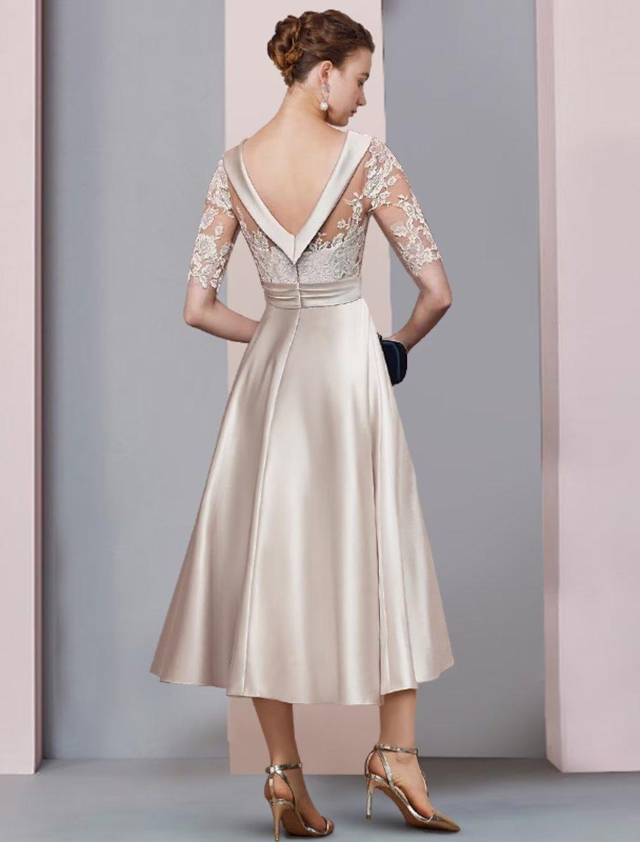 Vestido de mãe da noiva em corte A, para convidada de casamento, vintage, elegante, decote redondo, comprimento chá, cetim, renda, meia manga com aplicações franzidas