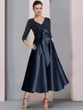 A-Line Mother of the Bride Dress Wedding Guest Vintage Elegant V Neck Tea Length Satin Lace 3/4 Length Sleeve with Bow(s) Pleats Sequin