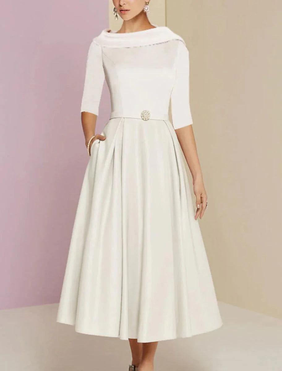A-Line Mother of the Bride Dress Wedding Guest Vintage Formal Elegant Half Sleeve Satin Scoop Neck Tea Length with Pleats Crystals