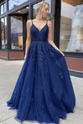 Robe de bal longue en tulle et dentelle bleu marine à ligne A PSK205