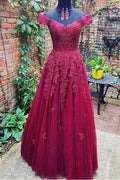 Robe de bal bordeaux en tulle dentelle asymétrique décolletée épaule tombante PSK015