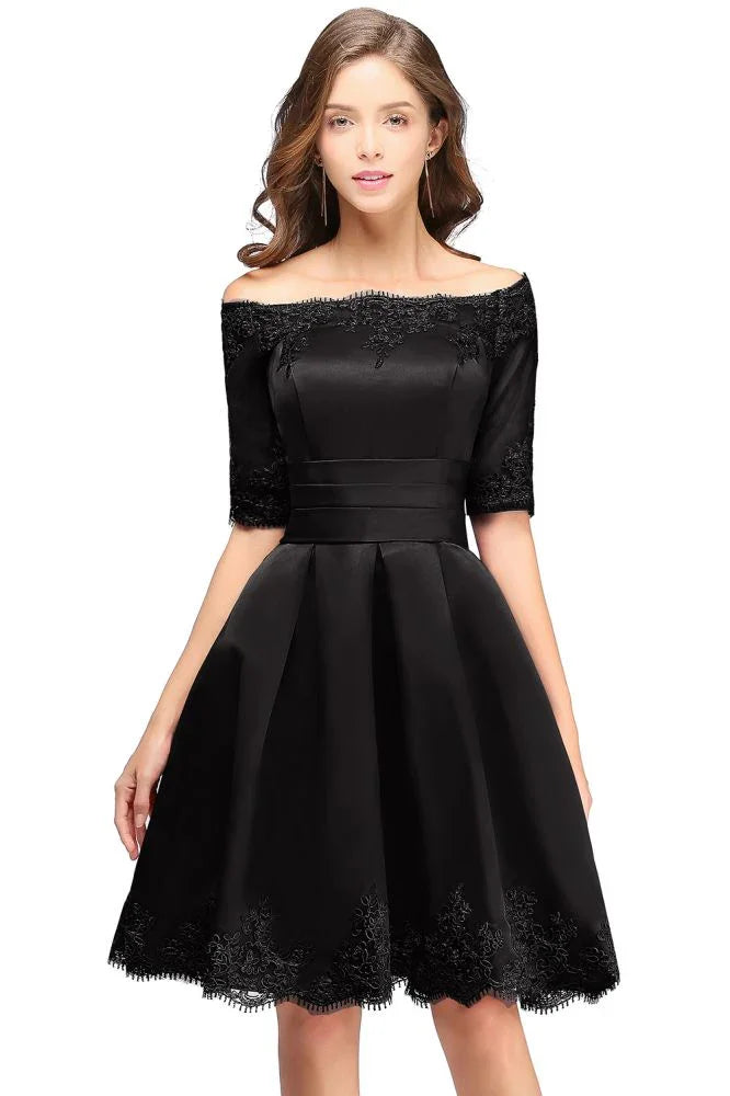 Robe de bal asymétrique bustier manches courtes avec applications de dentelle