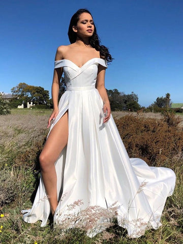 A-Linie, schulterfrei, langes Satin-Ballkleid mit hohem Schlitz, weißes formelles Abendkleid für die Abschlussfeier