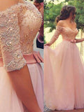 Vestidos de graduación tipo A-line con hombros descubiertos, mangas 1/2, largo hasta el suelo, con encaje y tul