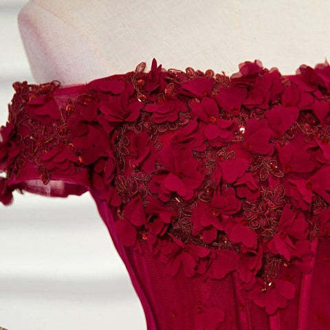 A-line Off The Shoulder Hand-Made Flower Burgundy Prom Dress  PSK004