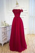 Vestido de festa em corte A, ombro descoberto, feito à mão, com flores cor de vinho, PSK004