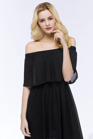 A-Linie, schulterfrei, bodenlang, schwarzes Chiffon-Brautjungfernkleid