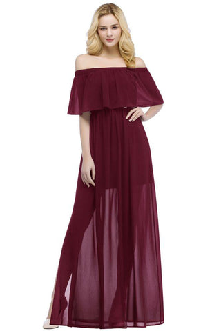 A-Linie, schulterfrei, bodenlang, schwarzes Chiffon-Brautjungfernkleid