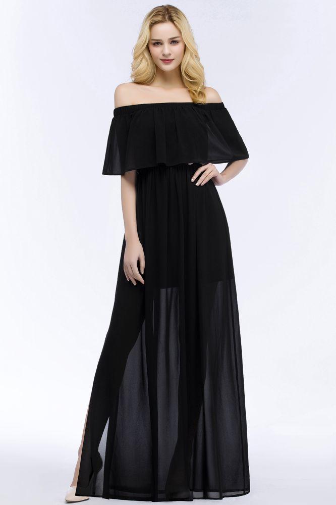 A-line Off-the-shoulder Floor Length Black Chiffon Bridesmaid Dresses