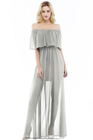 A-Linie, schulterfrei, bodenlang, schwarzes Chiffon-Brautjungfernkleid
