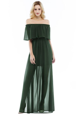 A-Linie, schulterfrei, bodenlang, schwarzes Chiffon-Brautjungfernkleid