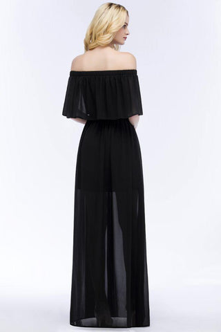 A-Linie, schulterfrei, bodenlang, schwarzes Chiffon-Brautjungfernkleid