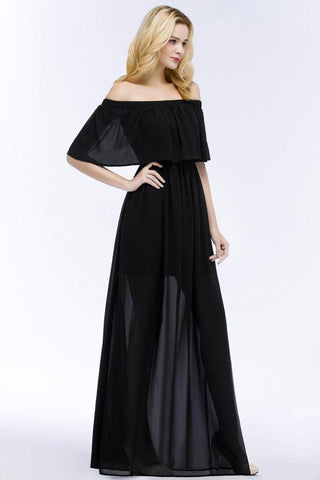 A-Linie, schulterfrei, bodenlang, schwarzes Chiffon-Brautjungfernkleid