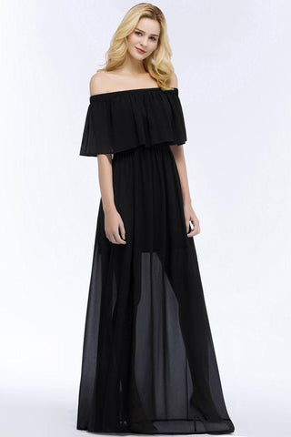 A-Linie, schulterfrei, bodenlang, schwarzes Chiffon-Brautjungfernkleid