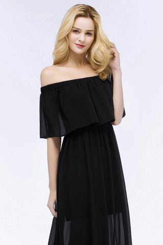 A-Linie, schulterfrei, bodenlang, schwarzes Chiffon-Brautjungfernkleid