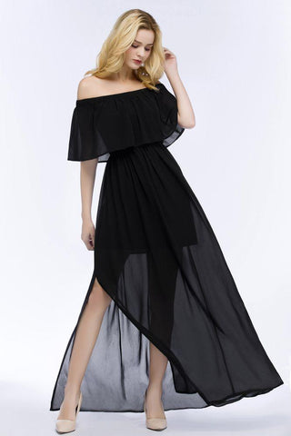 A-Linie, schulterfrei, bodenlang, schwarzes Chiffon-Brautjungfernkleid
