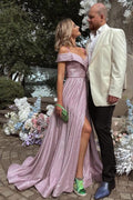Vestido Largo de Gala con Hombros Descubiertos, Brillo y Abertura en Corte A