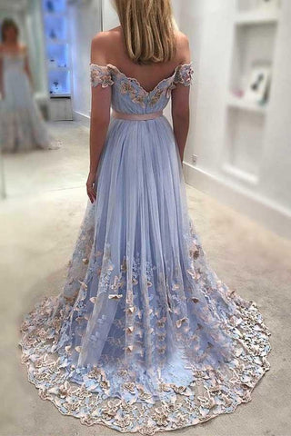 A-Line Off-the-Shoulder Light Sky Blue Tulle Prom Dress with Appliques PG816