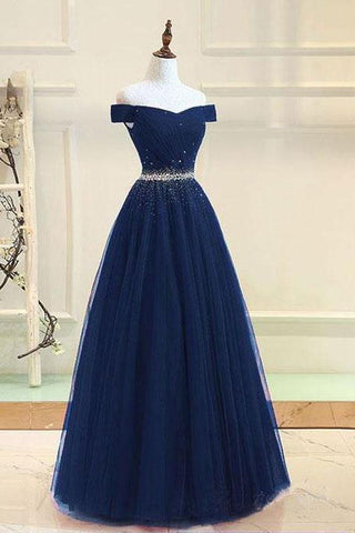 A-line Off The Shoulder Navy Blue Tulle Prom Dress With Beading PG737