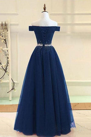A-line Off The Shoulder Navy Blue Tulle Prom Dress With Beading PG737