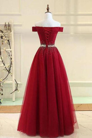 A-line Off The Shoulder Navy Blue Tulle Prom Dress With Beading PG737