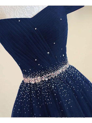 A-line Off The Shoulder Navy Blue Tulle Prom Dress With Beading PG737