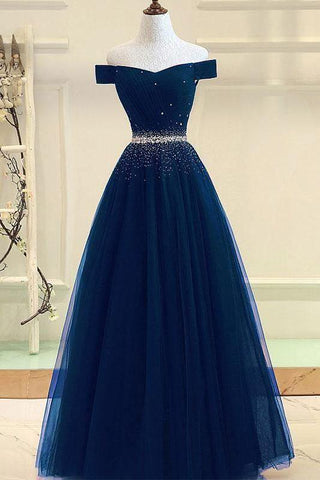 A-line Off The Shoulder Navy Blue Tulle Prom Dress With Beading PG737