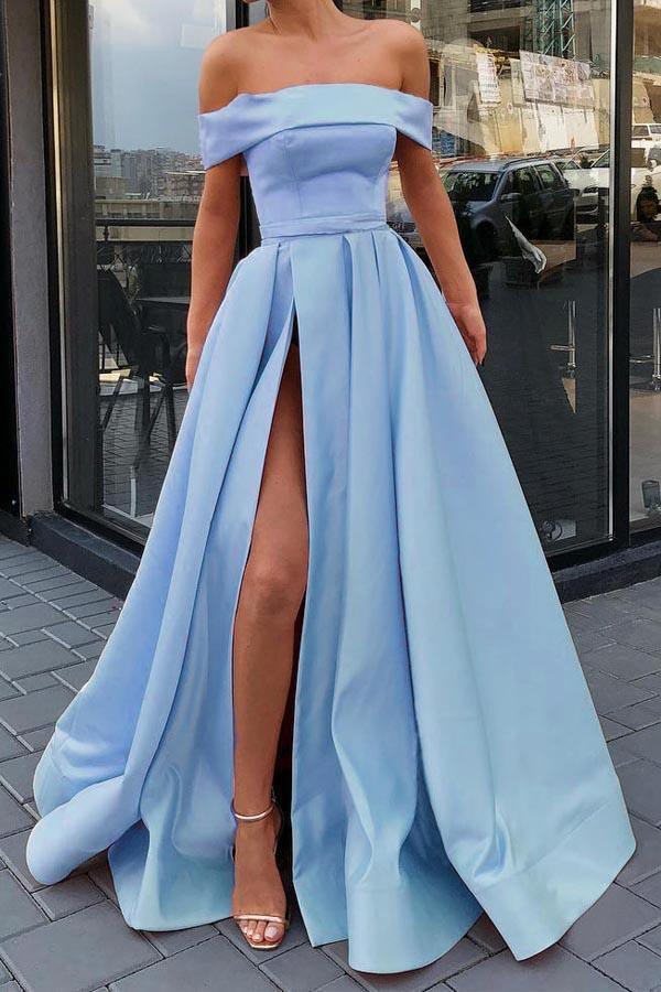 Vestido de festa rosa com decote ombro a ombro e racha alta PSK057