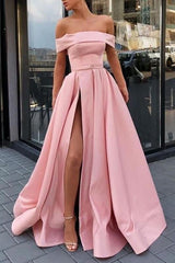 A Line Off the Shoulder High Split Pink Prom Dress Formal Dress PSK057