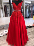 Abito da Sera Lungo in Tulle e Pizzo con Scollatura a Spalla Scoperta e Cintura, Linea A, Rosso per Ballo di Fine Anno