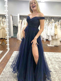 Abito da Sera Lungo in Tulle con Scollatura a Spalla Scoperta e Spacco per Cerimonie, Lauree e Balli