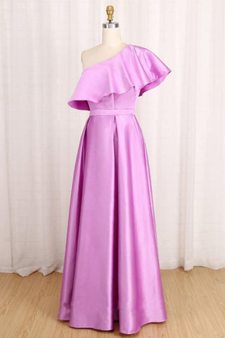 A-Line One-Shoulder Long Satin Prom Dress with Ruffles PSK138