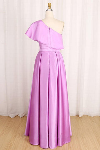 A-Line One-Shoulder Long Satin Prom Dress with Ruffles PSK138