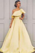 Vestido de Fiesta Largo de Satin con Línea A, Un Solo Hombro y Volantes PSK138