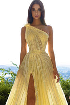 A-line One Shoulder Yellow Tulle Prom Dress with Front Split and Sequins