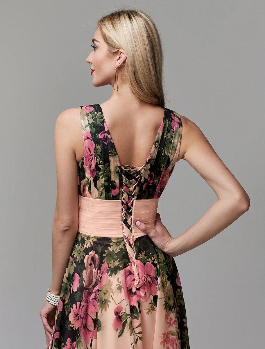 A-Line Party Dress Floral Dress Holiday Wedding Guest Floor Length Sleeveless V Neck Bridesmaid Dress Chiffon with Pattern / Print