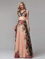 A-Line Party Dress Floral Dress Holiday Wedding Guest Floor Length Sleeveless V Neck Bridesmaid Dress Chiffon with Pattern / Print