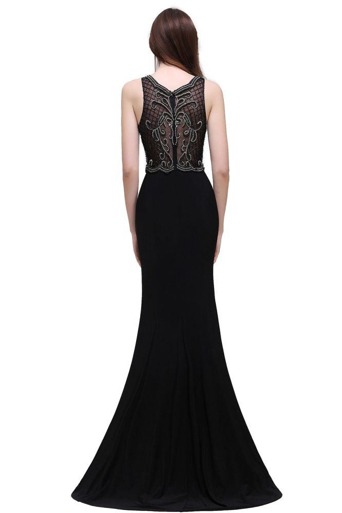 Vestidos de festa pretos com alças e pérolas em linha A e cauda doce