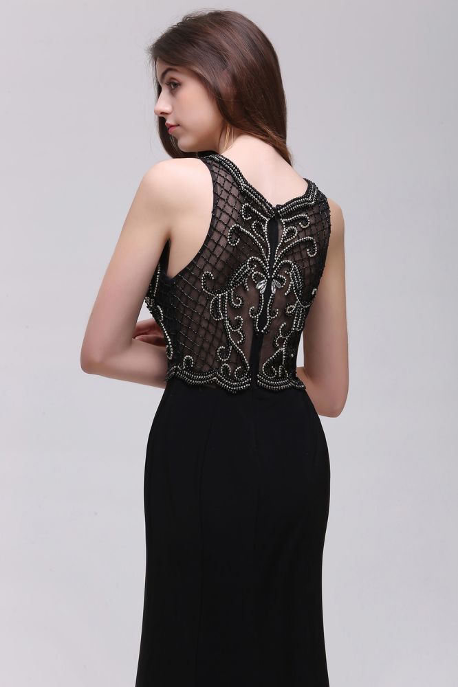 Vestidos de festa pretos com alças e pérolas em linha A e cauda doce