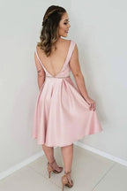 Robe de bal courte dos nu en satin rose ligne A Robe de rentrée PD311